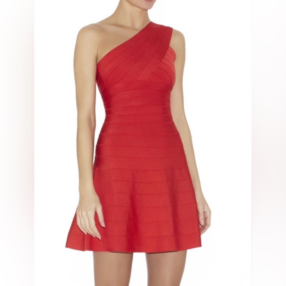 Red Herve leger one shoulder dress